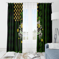 Black and green skull shamrock window curtain set with hanging top and coin border