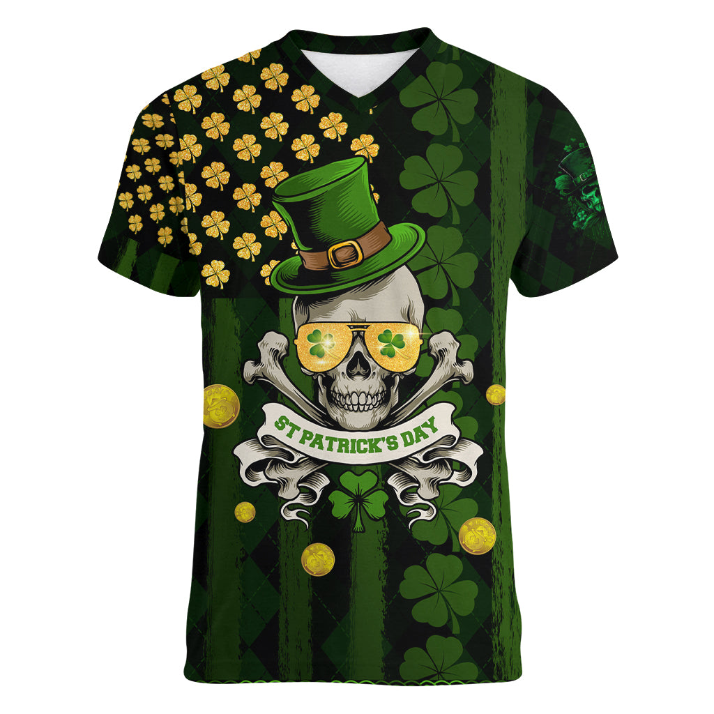 St Patrick's Day Skull Women V Neck T Shirt American Flag Shamrock - Wonder Print Shop