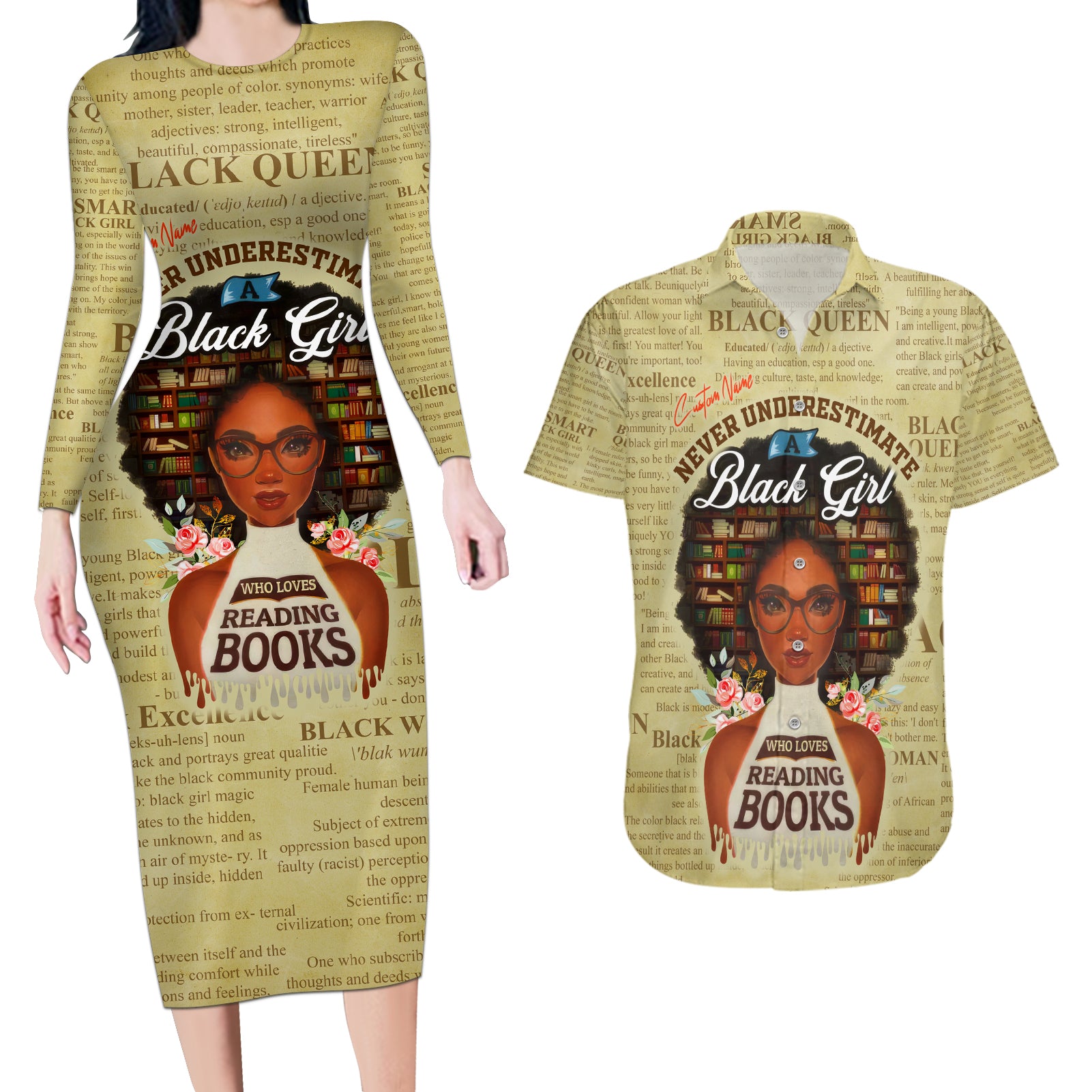 Personalized Black Girl African Couples Matching Long Sleeve Bodycon Dress and Hawaiian Shirt Never Underestimate A Book Lover