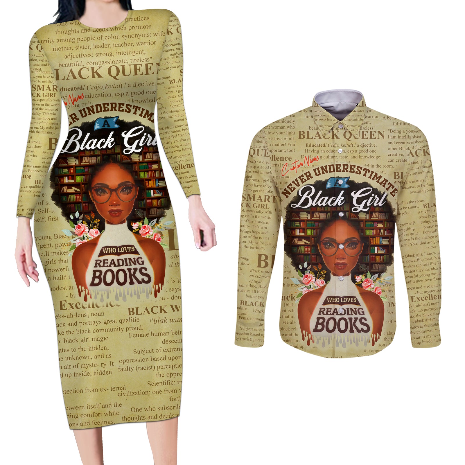 Personalized Black Girl African Couples Matching Long Sleeve Bodycon Dress and Long Sleeve Button Shirt Never Underestimate A Book Lover