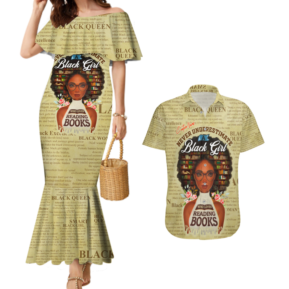 Personalized Black Girl African Couples Matching Mermaid Dress and Hawaiian Shirt Never Underestimate A Book Lover