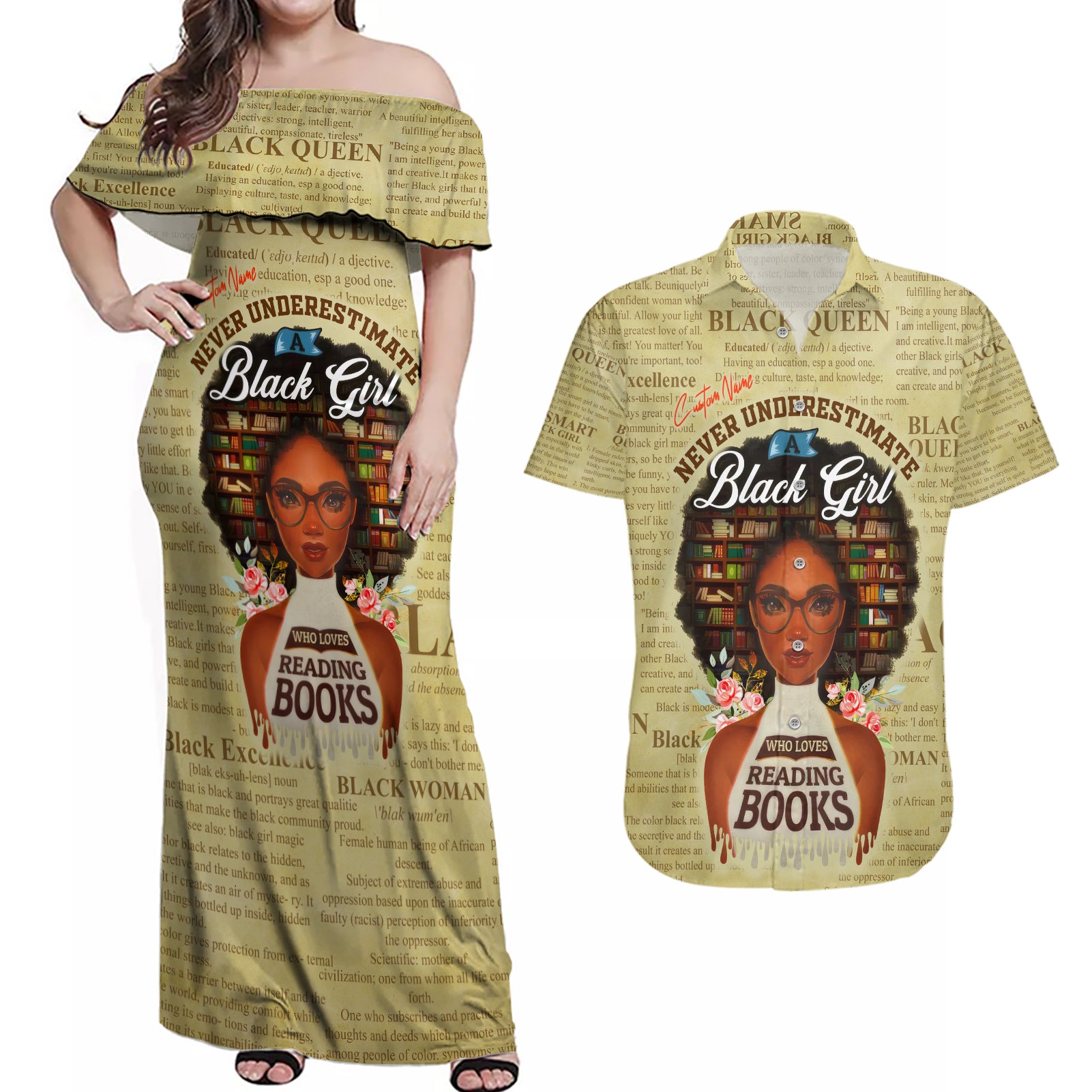 Personalized Black Girl African Couples Matching Off Shoulder Maxi Dress and Hawaiian Shirt Never Underestimate A Book Lover