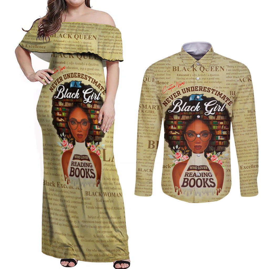 Personalized Black Girl African Couples Matching Off Shoulder Maxi Dress and Long Sleeve Button Shirt Never Underestimate A Book Lover