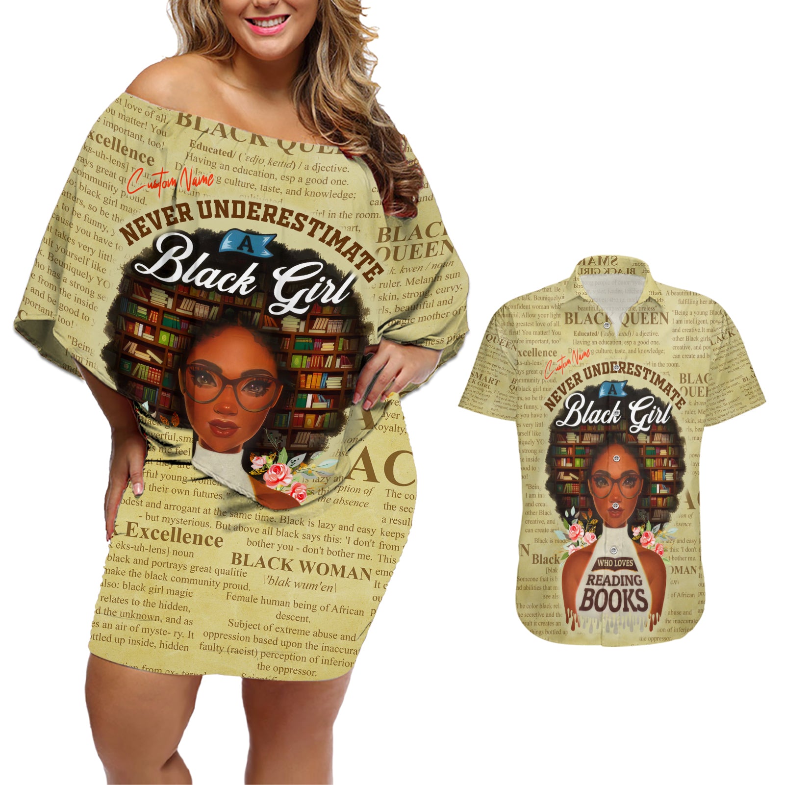 Personalized Black Girl African Couples Matching Off Shoulder Short Dress and Hawaiian Shirt Never Underestimate A Book Lover