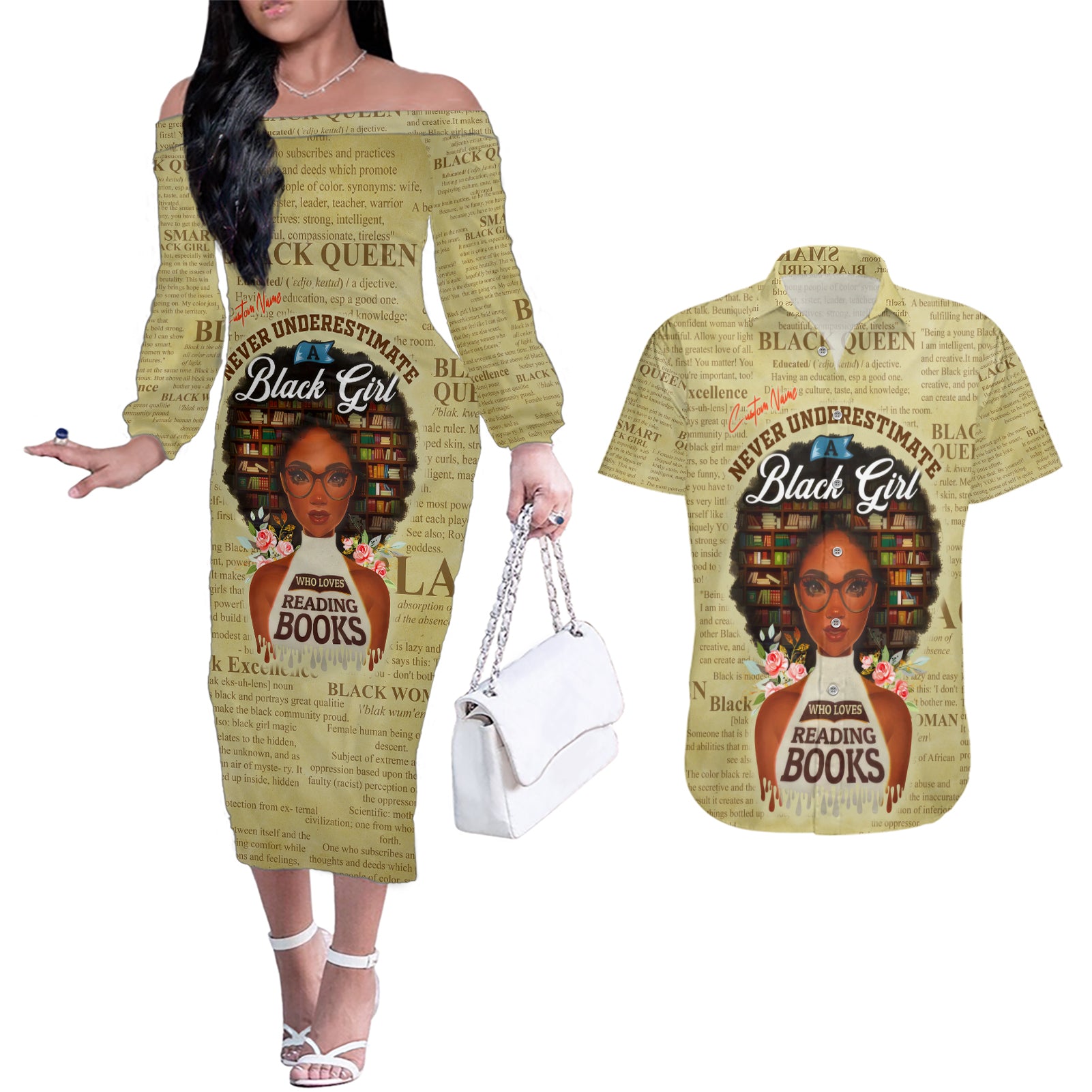 Personalized Black Girl African Couples Matching Off The Shoulder Long Sleeve Dress and Hawaiian Shirt Never Underestimate A Book Lover