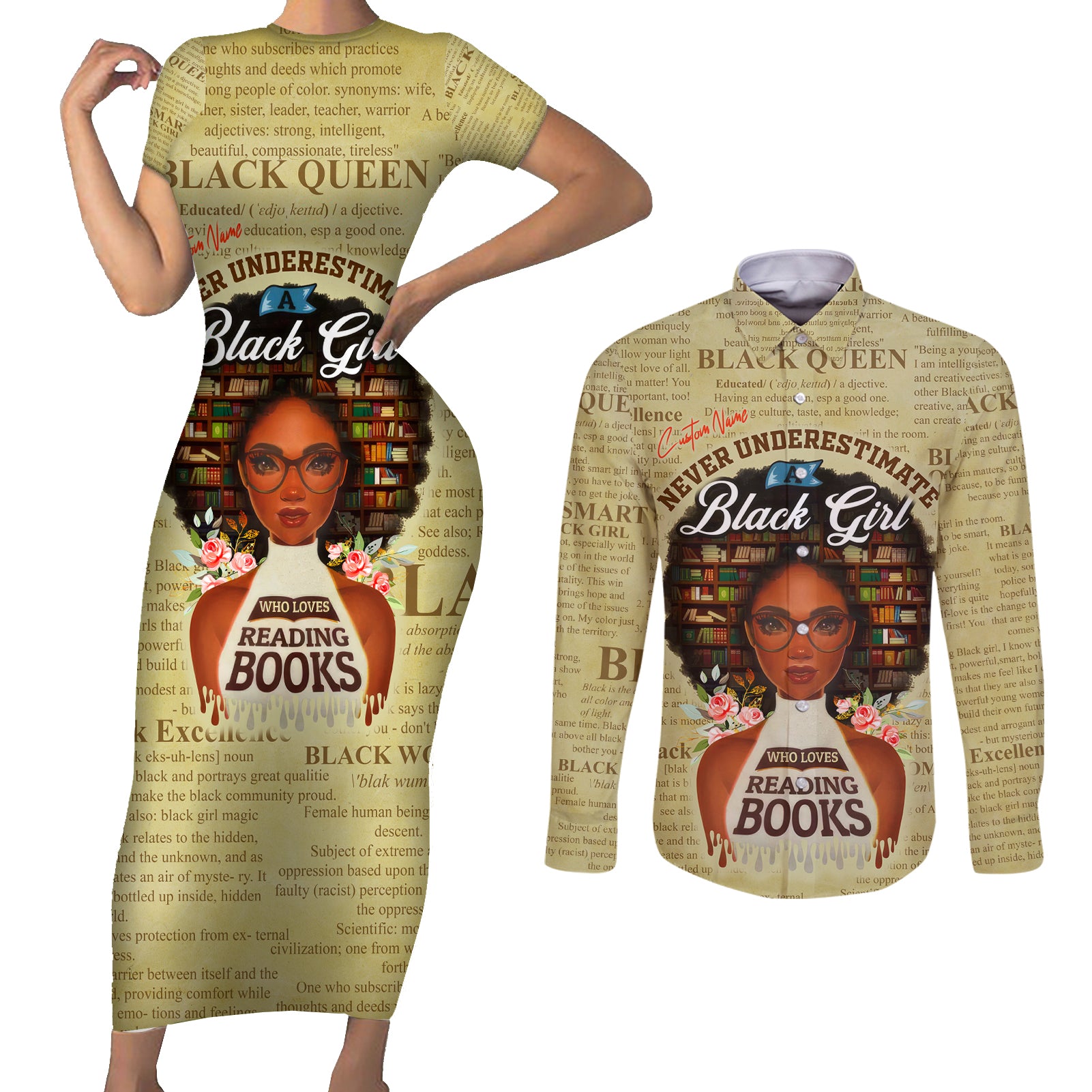 Personalized Black Girl African Couples Matching Short Sleeve Bodycon Dress and Long Sleeve Button Shirt Never Underestimate A Book Lover