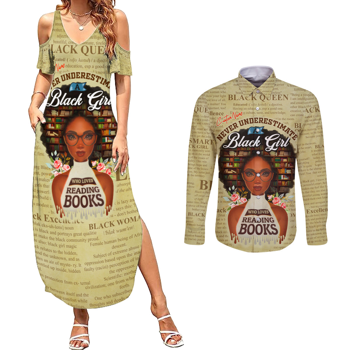 Personalized Black Girl African Couples Matching Summer Maxi Dress and Long Sleeve Button Shirt Never Underestimate A Book Lover