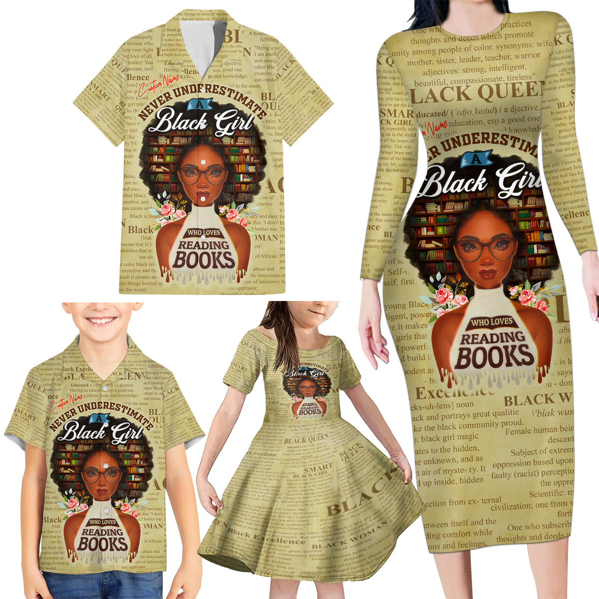 Personalized Black Girl African Family Matching Long Sleeve Bodycon Dress and Hawaiian Shirt Never Underestimate A Book Lover