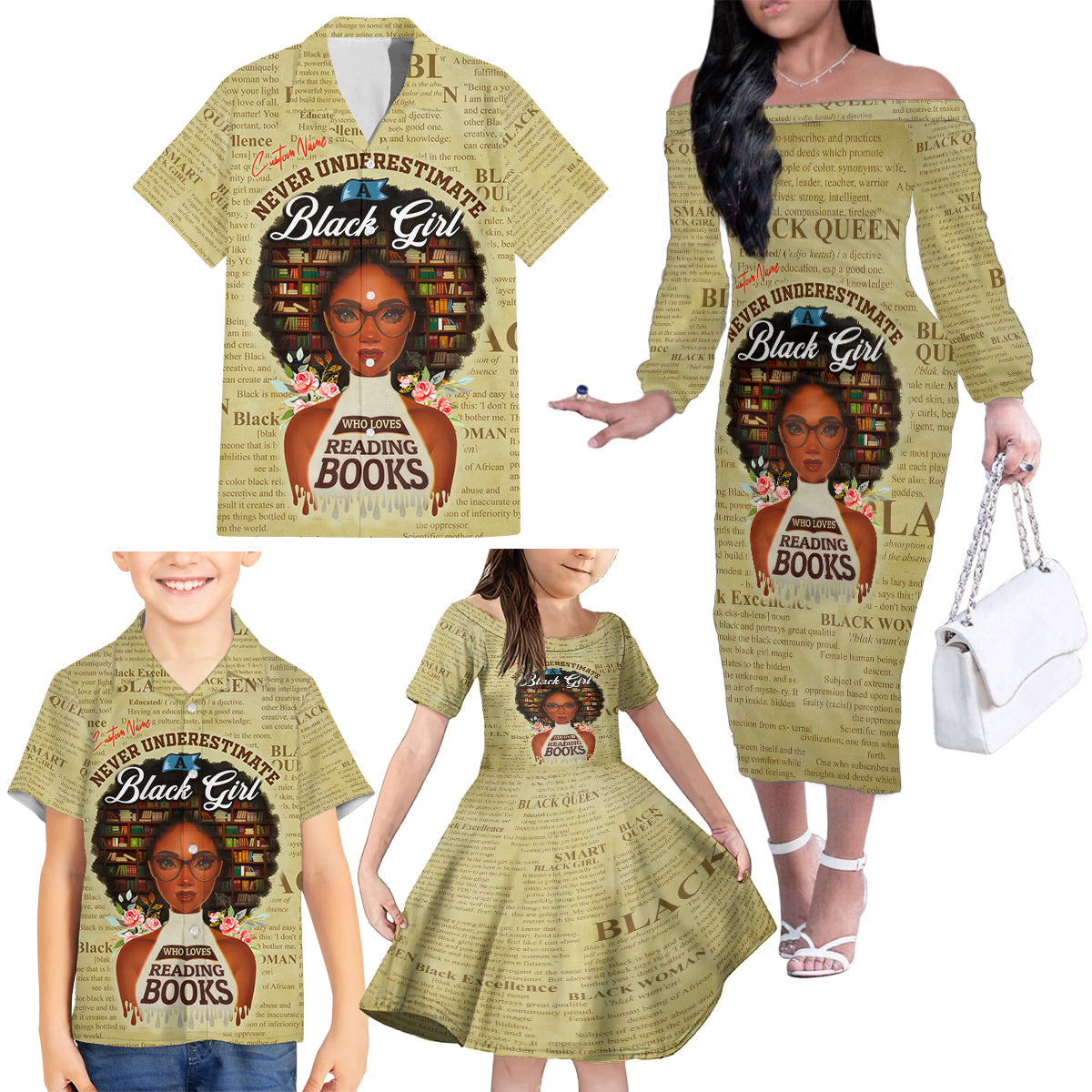 Personalized Black Girl African Family Matching Off Shoulder Long Sleeve Dress and Hawaiian Shirt Never Underestimate A Book Lover