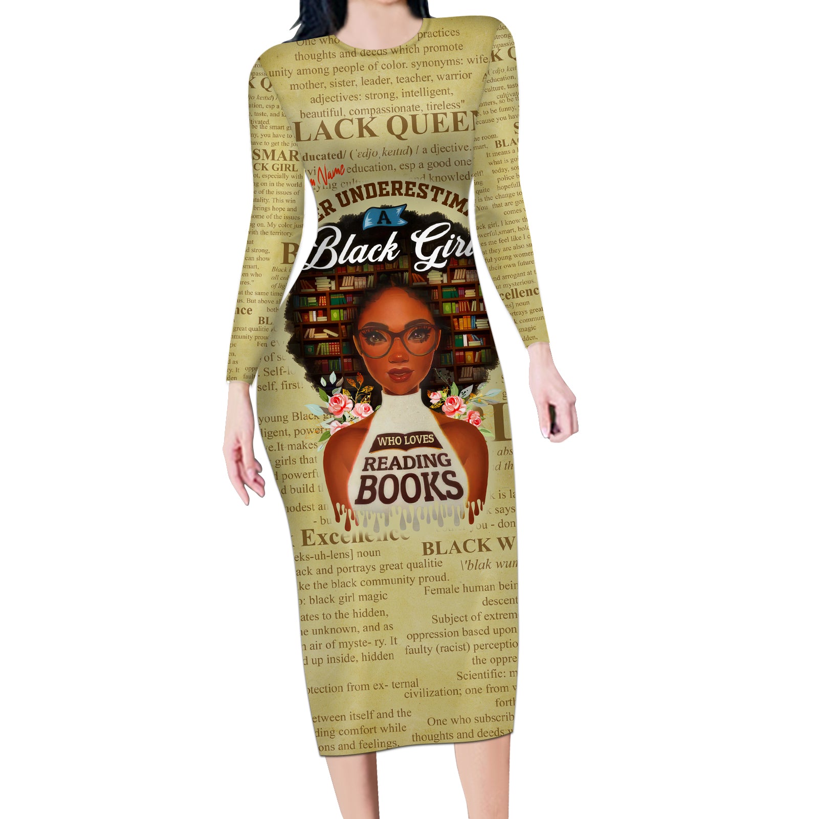 Personalized Black Girl African Long Sleeve Bodycon Dress Never Underestimate A Book Lover