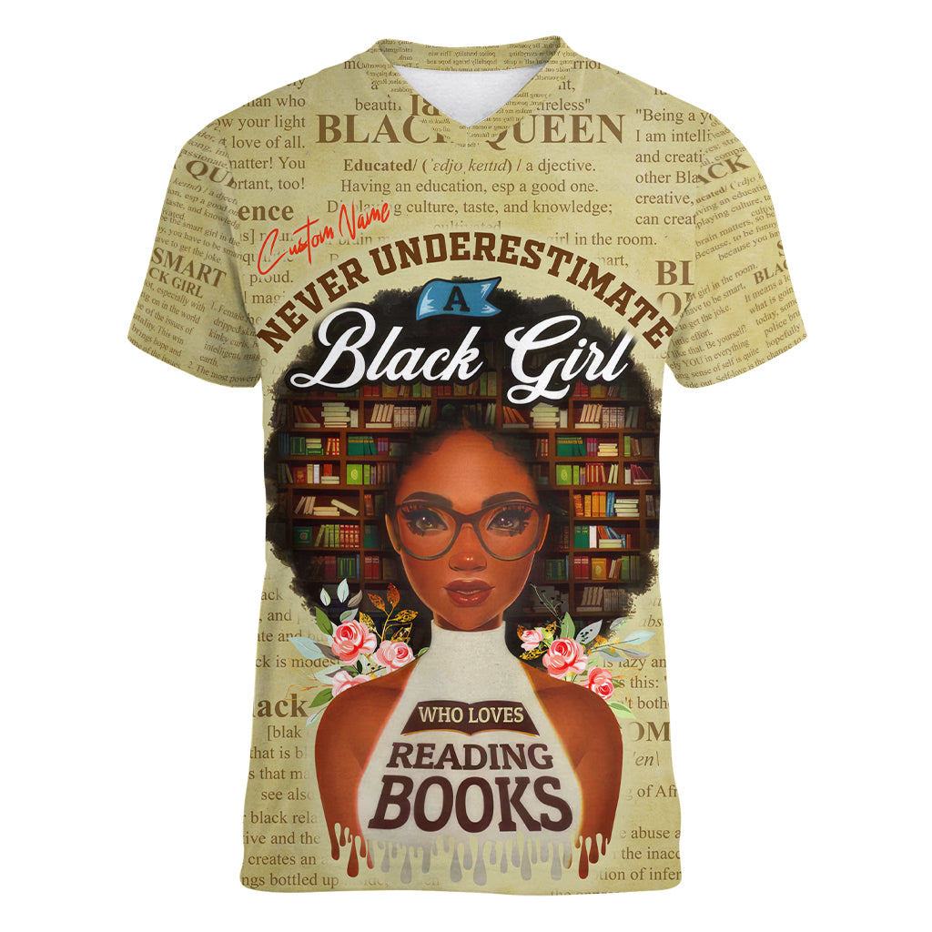 Personalized Black Girl African Women V Neck T Shirt Never Underestimate A Book Lover