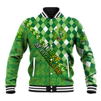 Green argyle baseball jacket with leprechaun, clovers, and Happy St Patrick's Day text