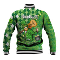 Green argyle baseball jacket with YOUR NAME on back and leprechaun Saint Patrick's graphic