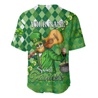 Green baseball jersey with Your Name text and leprechaun guitar graphic on back