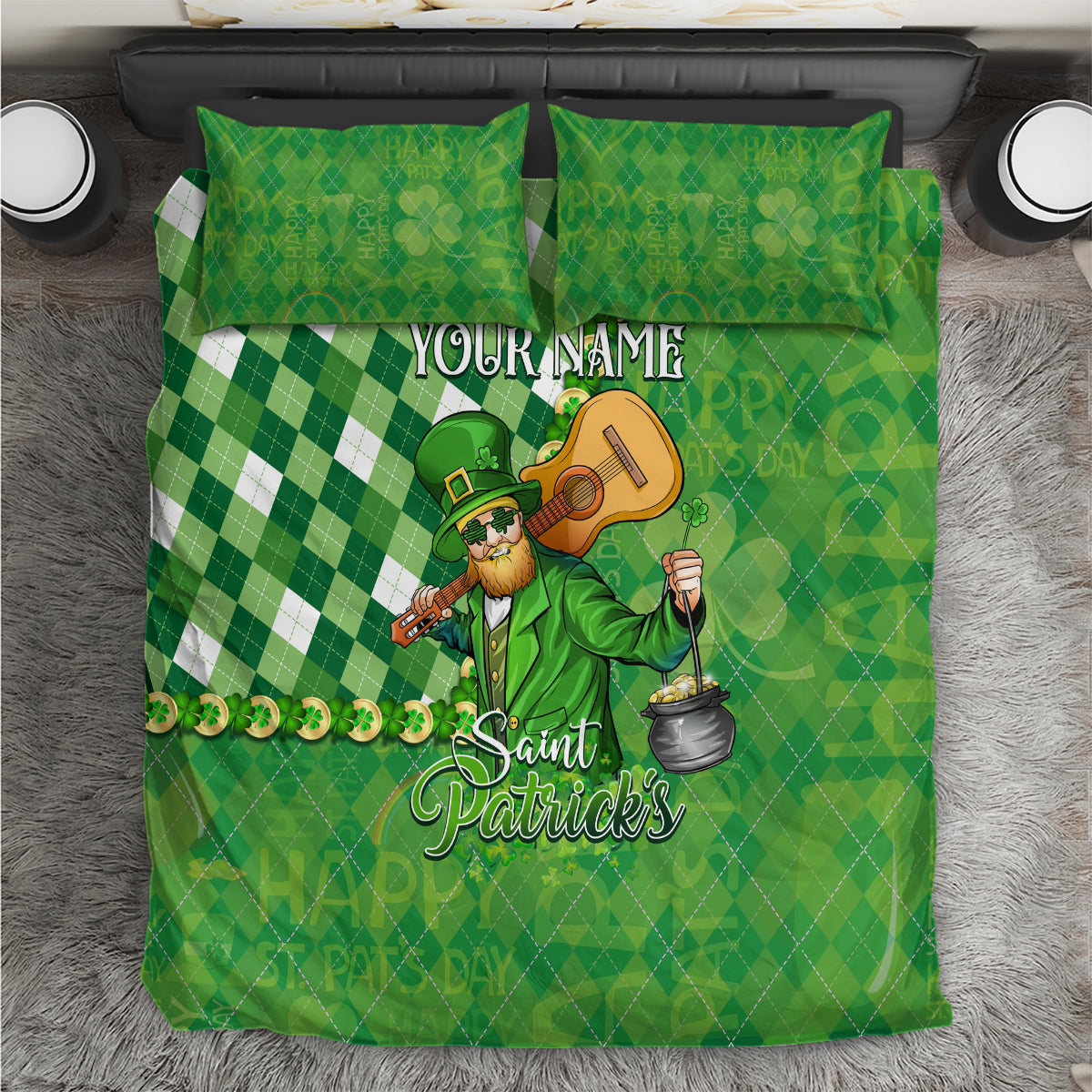 Green St. Patrick's Day bedding set with leprechaun, shamrocks and YOUR NAME
