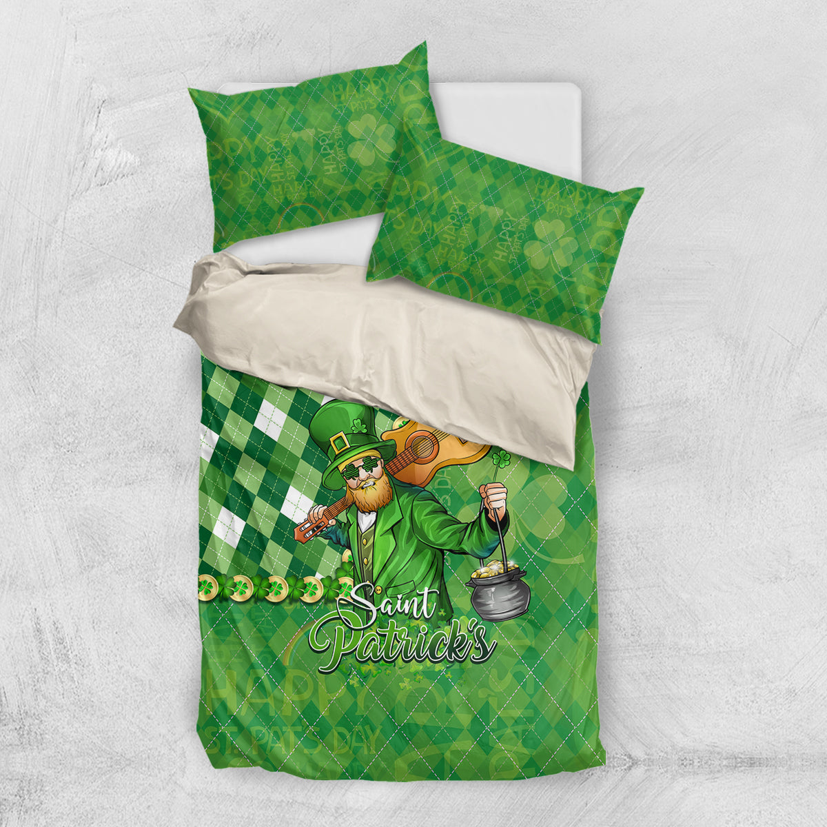 Green St. Patrick's Day bedding set, leprechaun and shamrocks motif with matching pillowcases