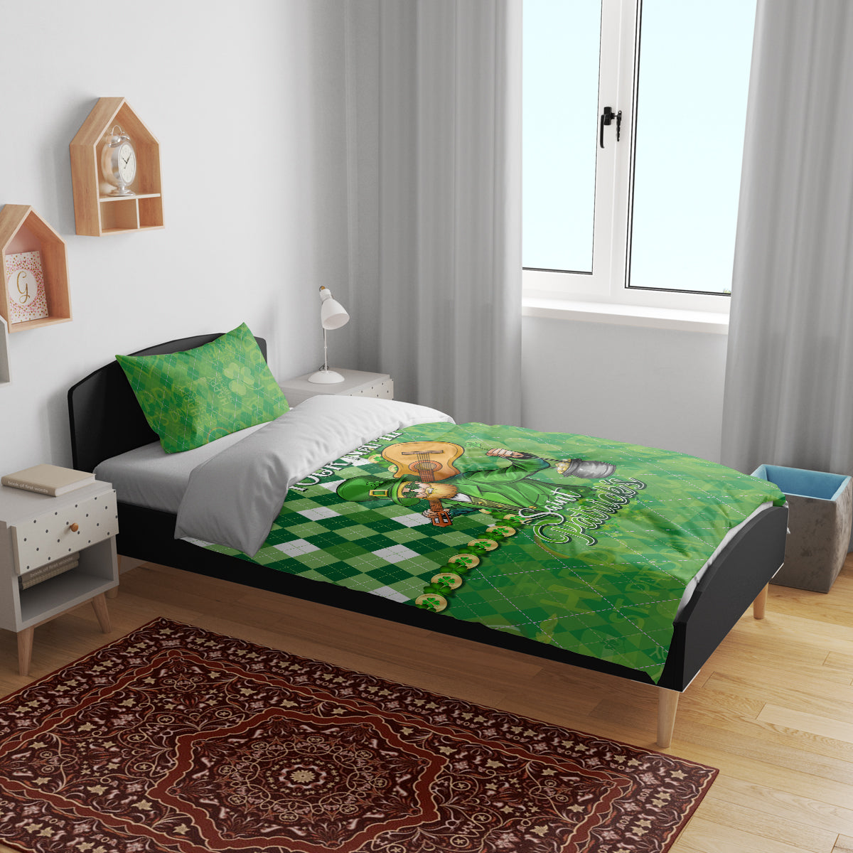 Green St. Patrick's Day bedding set with leprechaun graphic on bed, YOUR NAME text