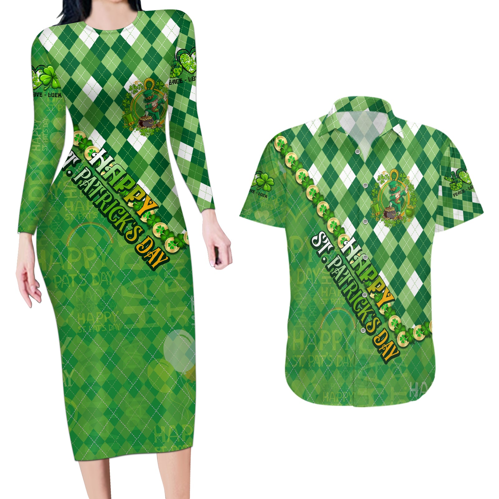 Personalized Happy St Patrick's Day Couples Matching Long Sleeve Bodycon Dress and Hawaiian Shirt Irish Leprechaun - Wonder Print Shop