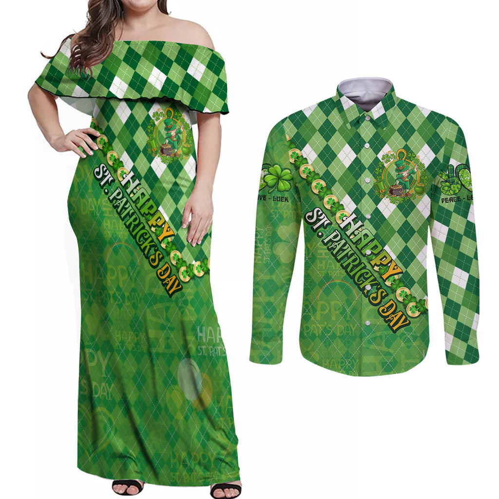 Personalized Happy St Patrick's Day Couples Matching Off Shoulder Maxi Dress and Long Sleeve Button Shirt Irish Leprechaun - Wonder Print Shop