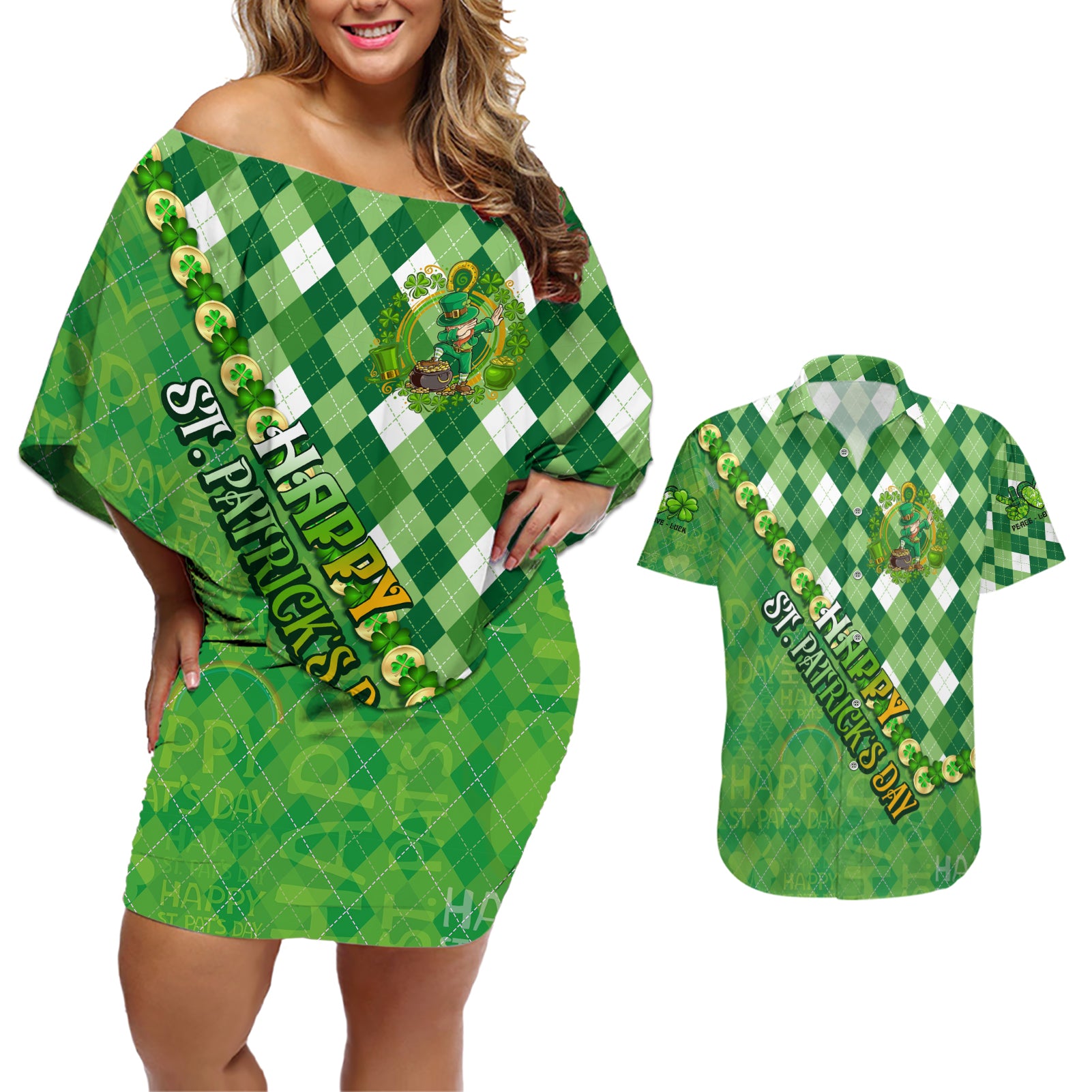 Personalized Happy St Patrick's Day Couples Matching Off Shoulder Short Dress and Hawaiian Shirt Irish Leprechaun - Wonder Print Shop