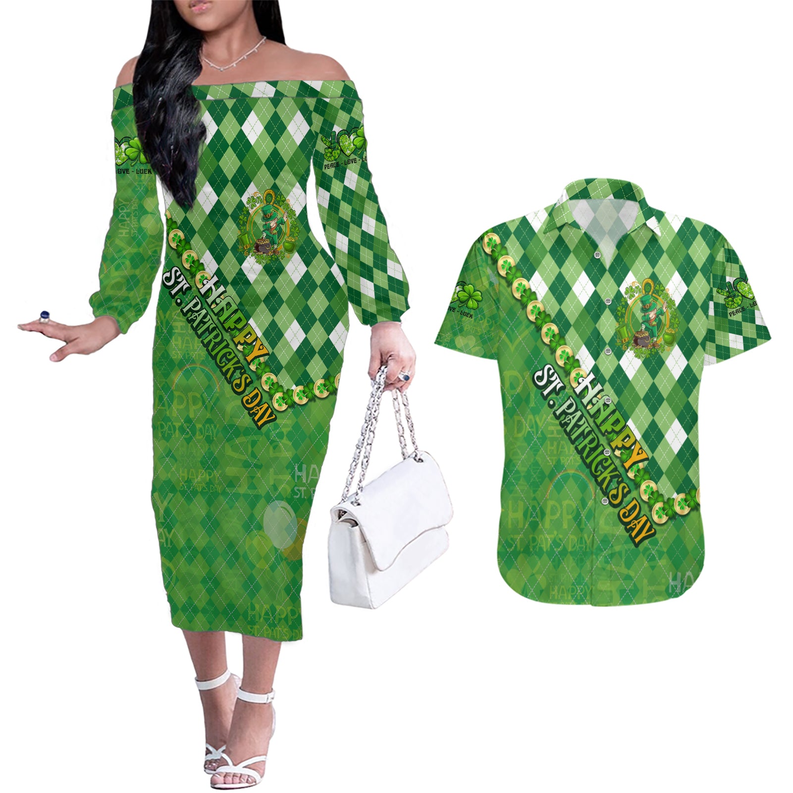 Personalized Happy St Patrick's Day Couples Matching Off The Shoulder Long Sleeve Dress and Hawaiian Shirt Irish Leprechaun - Wonder Print Shop