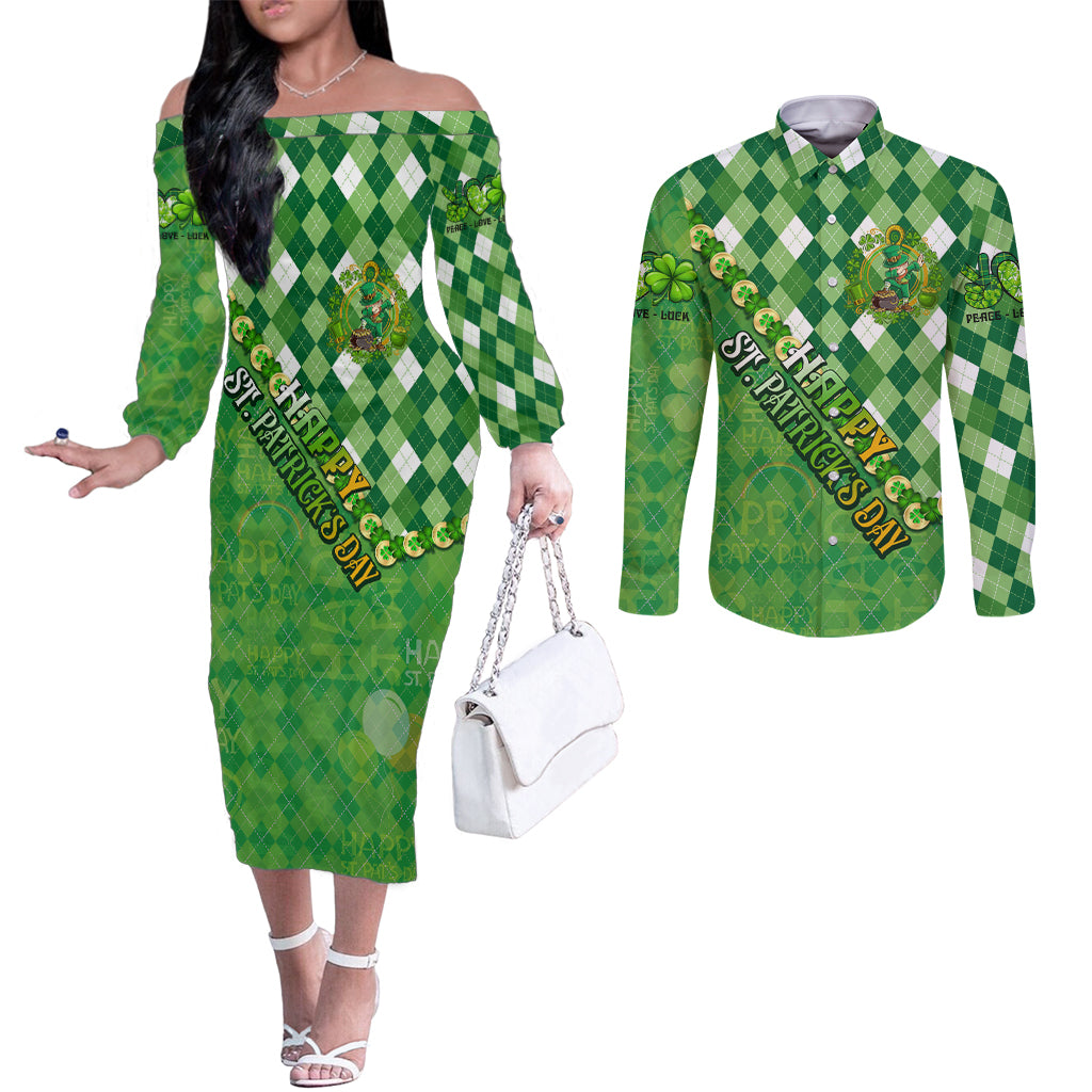 Personalized Happy St Patrick's Day Couples Matching Off The Shoulder Long Sleeve Dress and Long Sleeve Button Shirt Irish Leprechaun