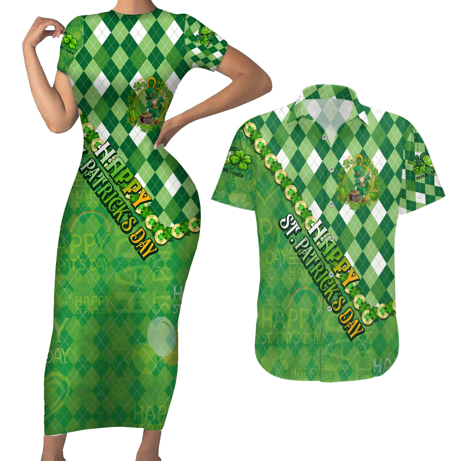 Personalized Happy St Patrick's Day Couples Matching Short Sleeve Bodycon Dress and Hawaiian Shirt Irish Leprechaun - Wonder Print Shop