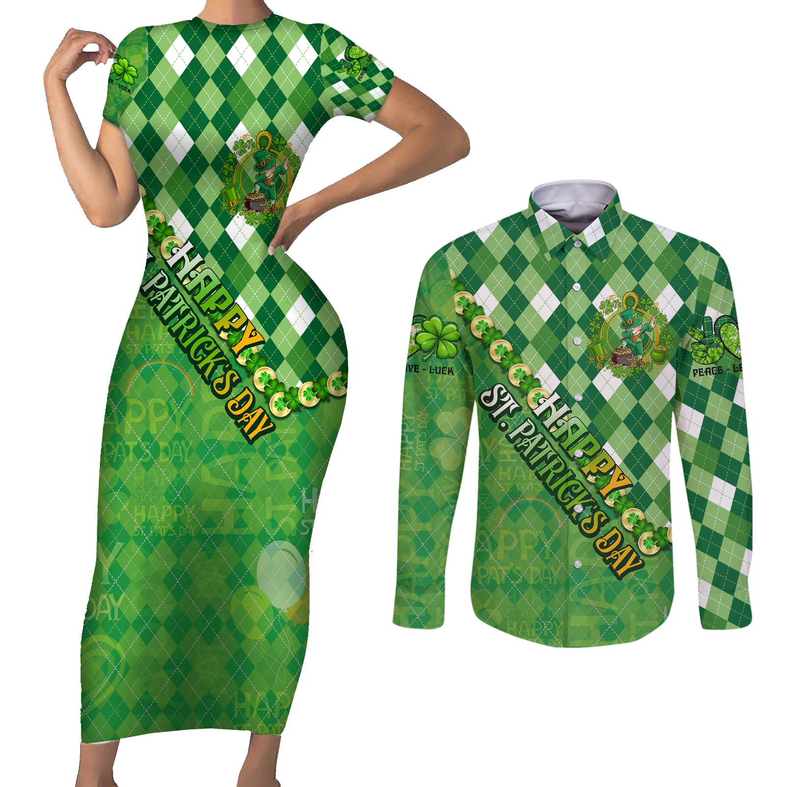 Personalized Happy St Patrick's Day Couples Matching Short Sleeve Bodycon Dress and Long Sleeve Button Shirt Irish Leprechaun - Wonder Print Shop