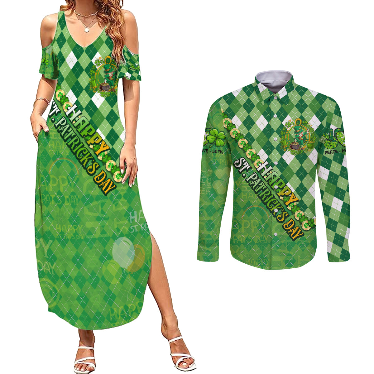 Personalized Happy St Patrick's Day Couples Matching Summer Maxi Dress and Long Sleeve Button Shirt Irish Leprechaun - Wonder Print Shop