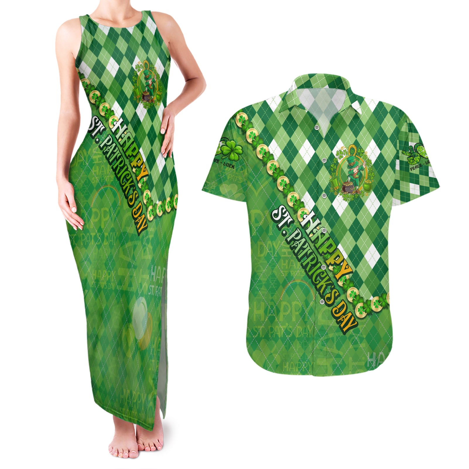 Personalized Happy St Patrick's Day Couples Matching Tank Maxi Dress and Hawaiian Shirt Irish Leprechaun - Wonder Print Shop