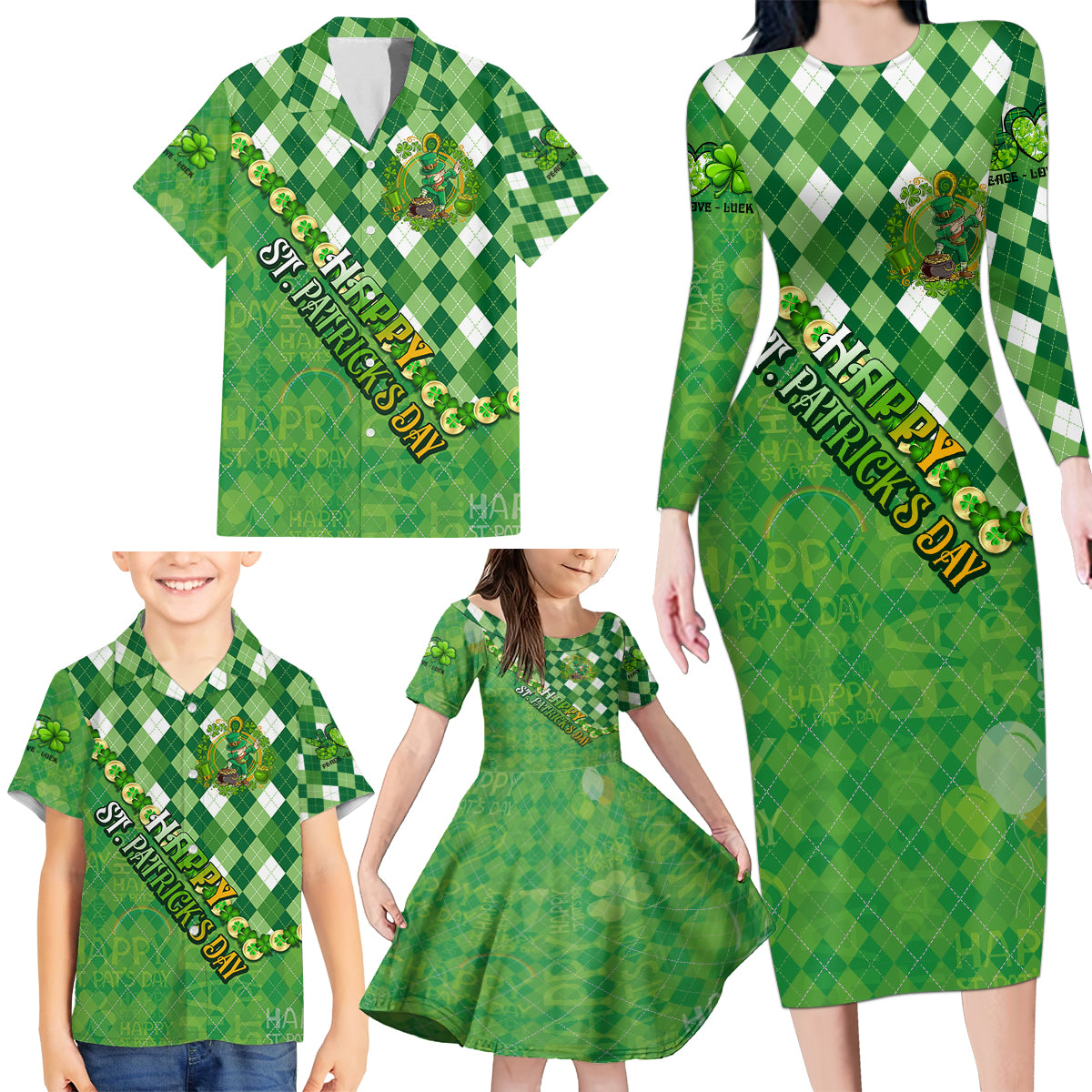 Personalized Happy St Patrick's Day Family Matching Long Sleeve Bodycon Dress and Hawaiian Shirt Irish Leprechaun - Wonder Print Shop