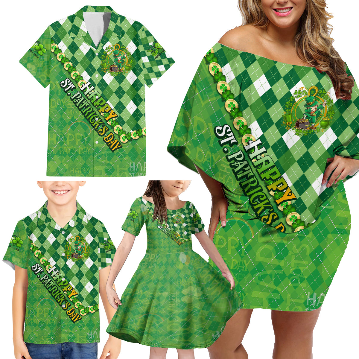 Personalized Happy St Patrick's Day Family Matching Off Shoulder Short Dress and Hawaiian Shirt Irish Leprechaun - Wonder Print Shop