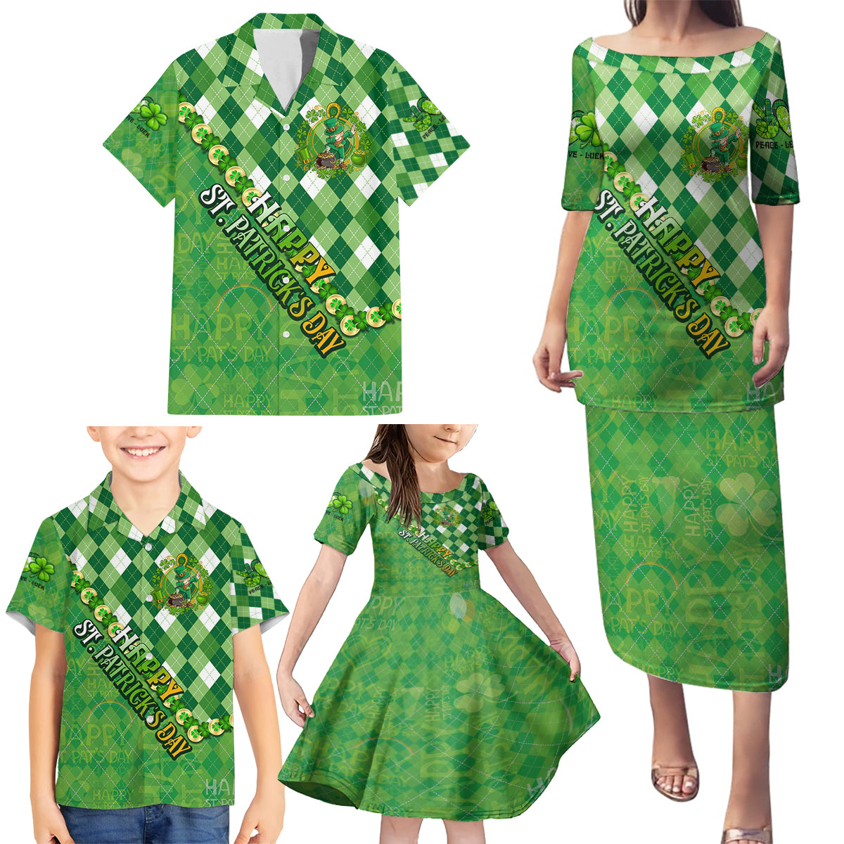 Personalized Happy St Patrick's Day Family Matching Puletasi and Hawaiian Shirt Irish Leprechaun - Wonder Print Shop