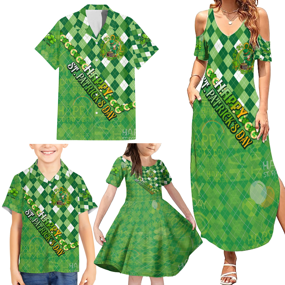 Personalized Happy St Patrick's Day Family Matching Summer Maxi Dress and Hawaiian Shirt Irish Leprechaun - Wonder Print Shop