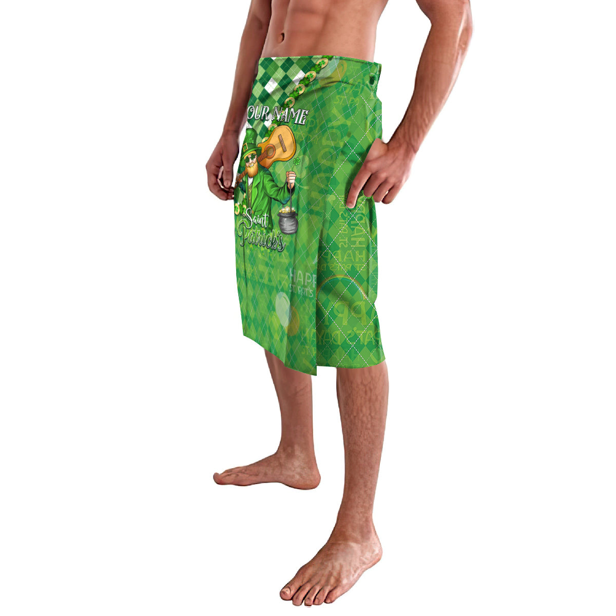 Green personalized St. Patrick's Day lavalava sarong skirt with leprechaun, side view