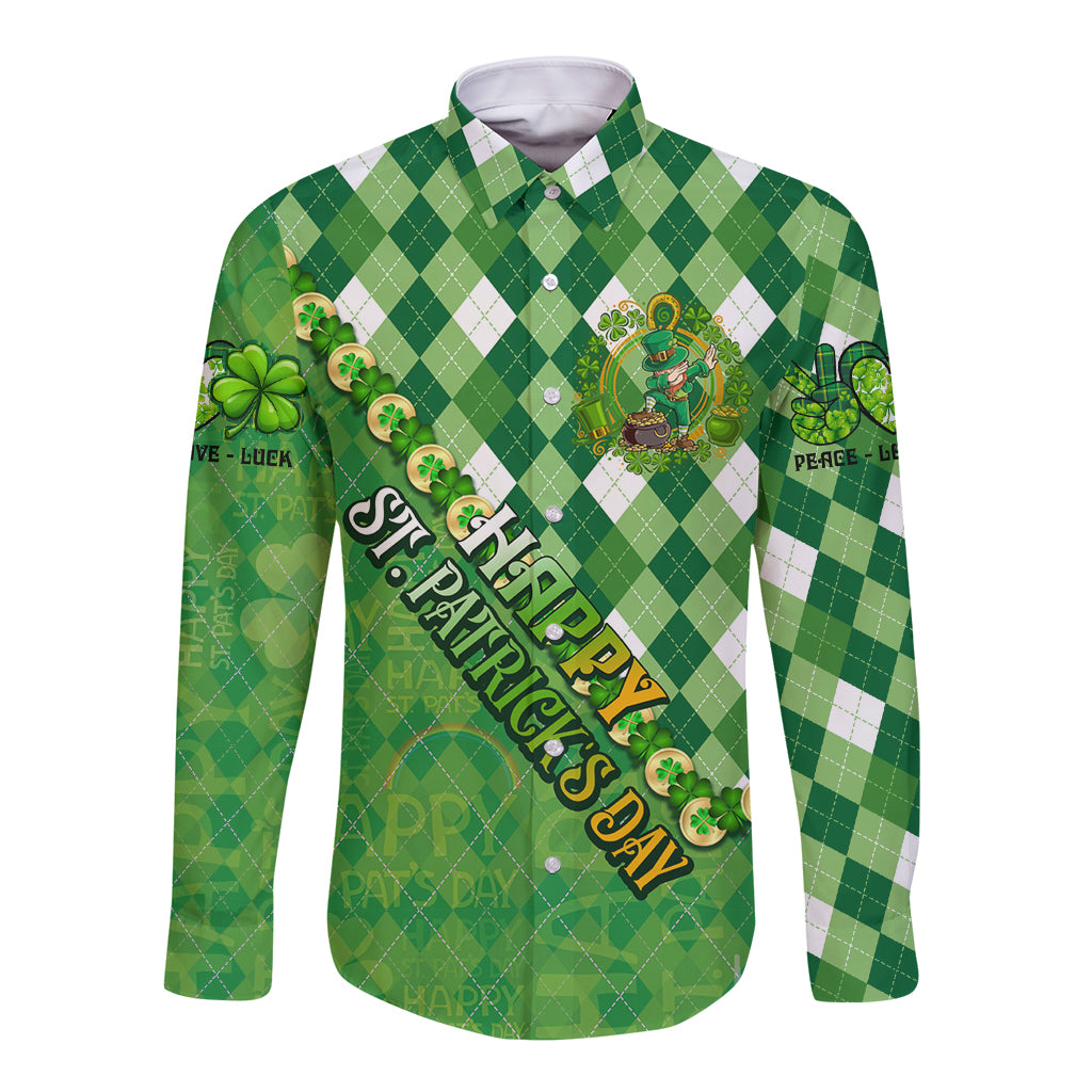 Green plaid long-sleeve button shirt with shamrocks and 'Happy St Patrick's Day' print