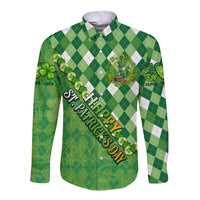 Green plaid long-sleeve button shirt with shamrocks and 'Happy St Patrick's Day' print