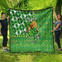 Green St. Patrick’s quilt fully spread outdoors, diamond pattern, leprechaun art, “YOUR NAME”