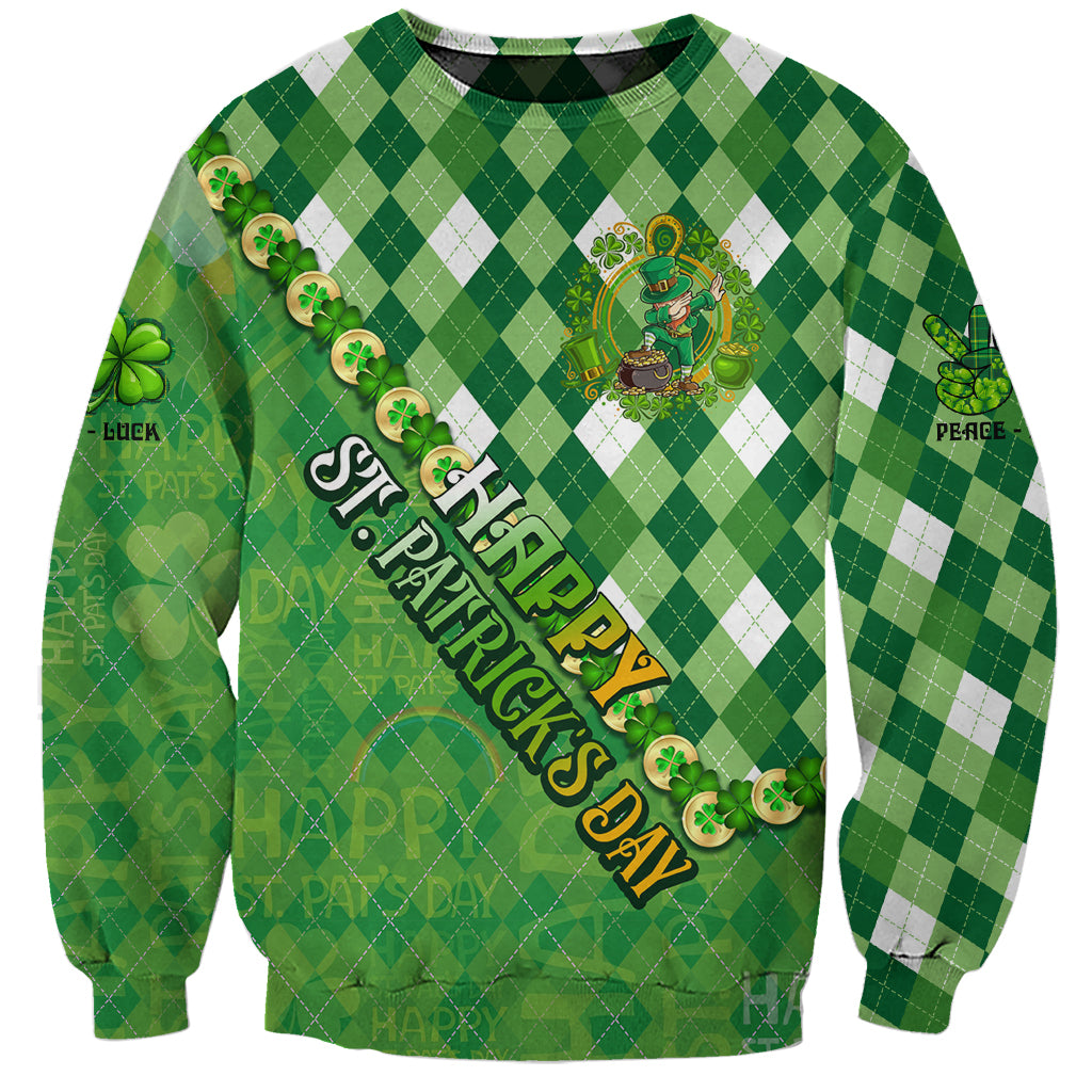 Green St Patrick's Day sweatshirt with leprechaun, shamrocks, and Happy text