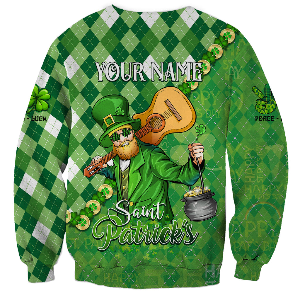 Green St Patrick's Day sweatshirt with leprechaun holding guitar and Your Name