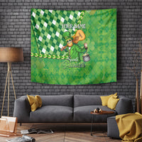 Green St. Patrick's tapestry with checkered pattern, leprechaun, and YOUR NAME