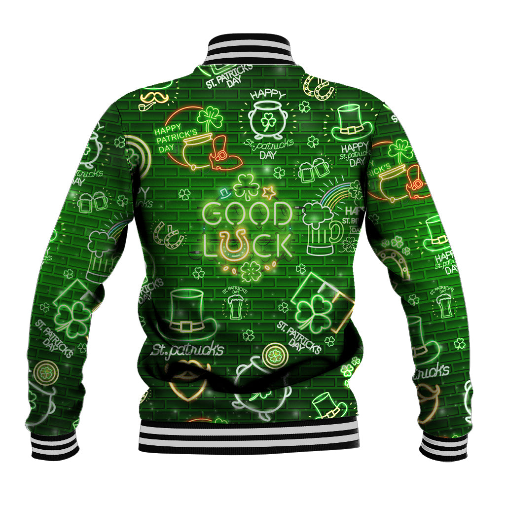 Green baseball jacket covered in neon good luck and St. Patrick’s Day icons, ribbed hem