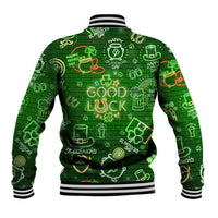 Green baseball jacket covered in neon good luck and St. Patrick’s Day icons, ribbed hem