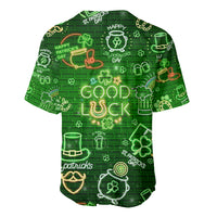 Neon green baseball jersey featuring neon “GOOD LUCK” print and St. Patrick icons