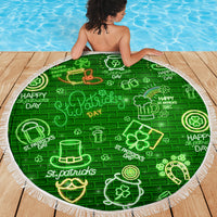 Neon green round St. Patrick's Day beach blanket with fringe edging and shamrock icons
