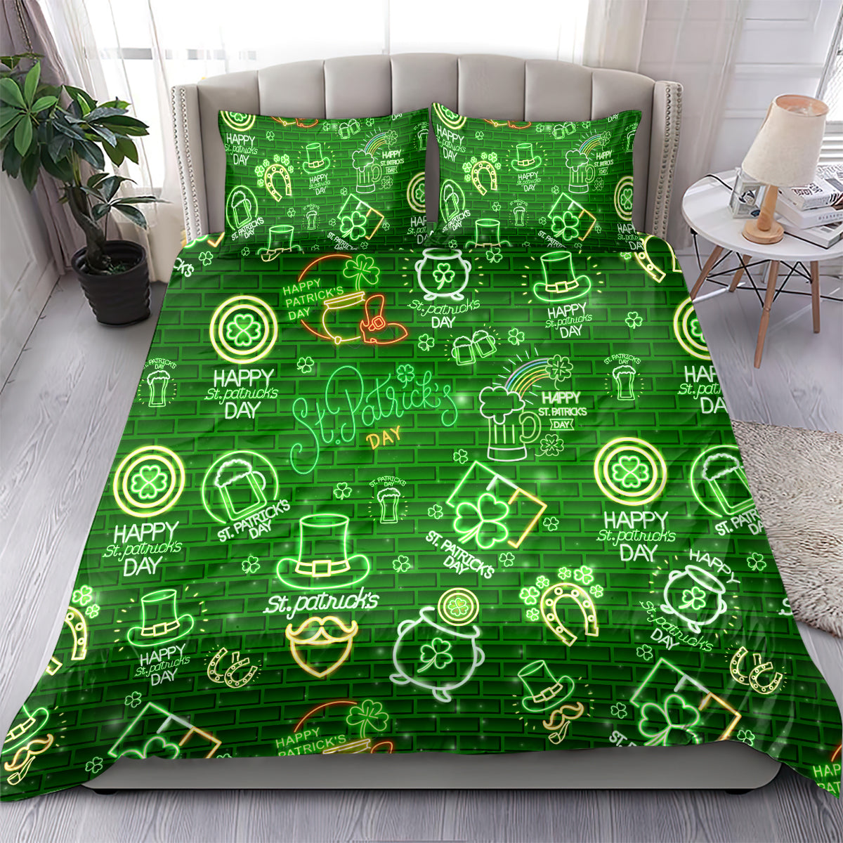 Neon green St. Patrick's Day bedding set featuring neon icons and clover shapes