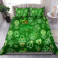 Neon green St. Patrick's Day bedding set featuring neon icons and clover shapes