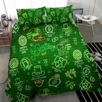 Neon green St. Patrick's Day bedding with symbols and brick-style icon print