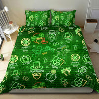Neon green St. Patrick's Day bedding set with scattered clovers, hats, and text icons