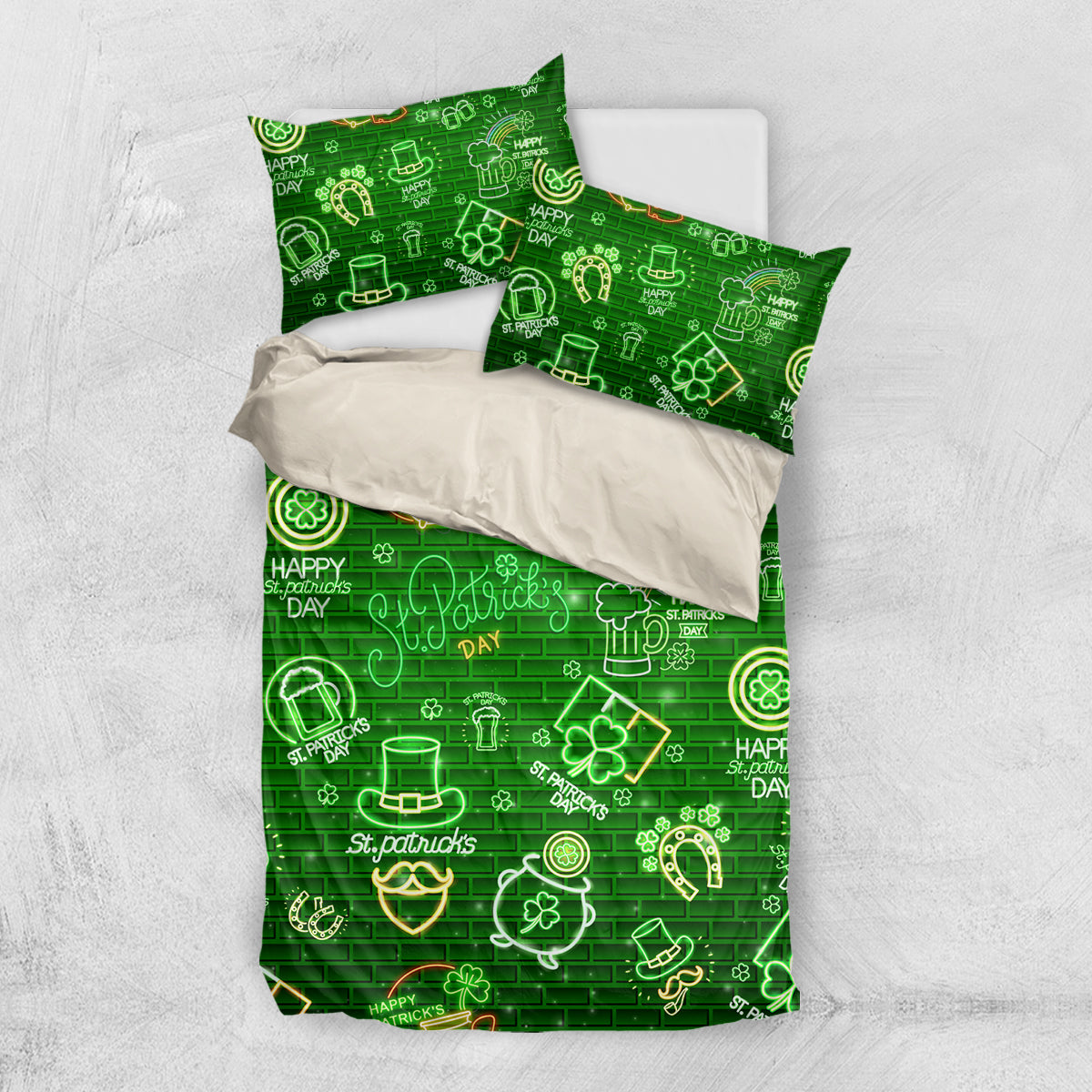 Neon green bedding set with pillowcases and St. Patrick's symbol and text pattern